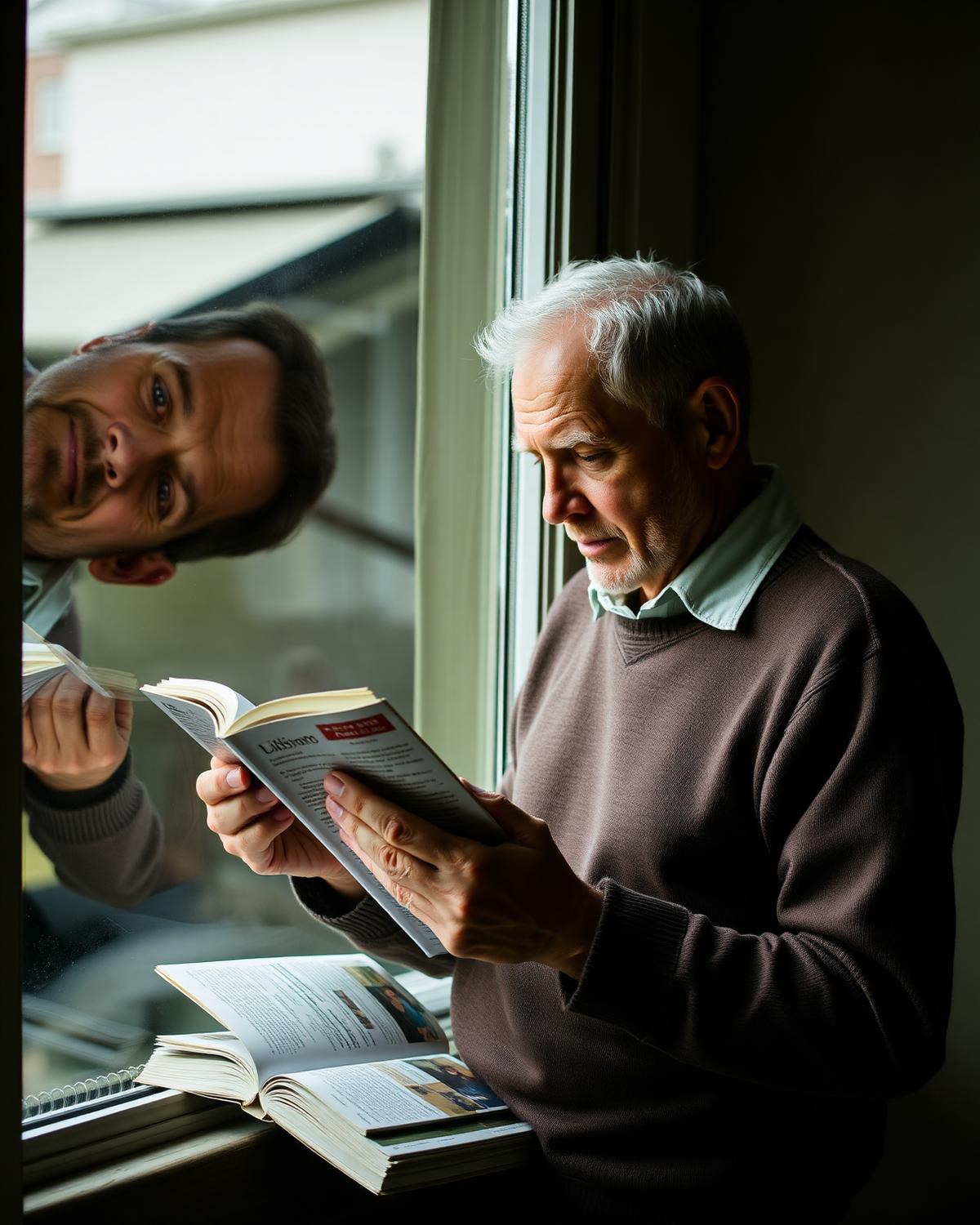 Homem mais velho lê um livro junto a uma janela com luz natural suave